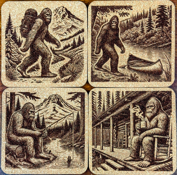 Explore the Enchanting Pacific Northwest with a set of 4 Laser Engraved Bigfoot Cork Coasters