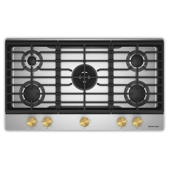 KitchenAid® 36  in. Gas Cooktop with 5 Burners and Integrated Wok Grate KCGK536SSS