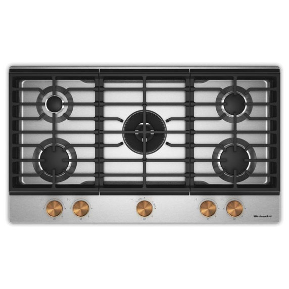 KitchenAid® 36  in. Gas Cooktop with 5 Burners and Integrated Wok Grate KCGK536SSS