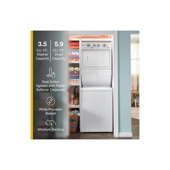 Whirlpool® 4.0 cu.ft I.E.C. Gas Stacked Laundry Center 9 Wash cycles and AutoDry™ WGT4027HW