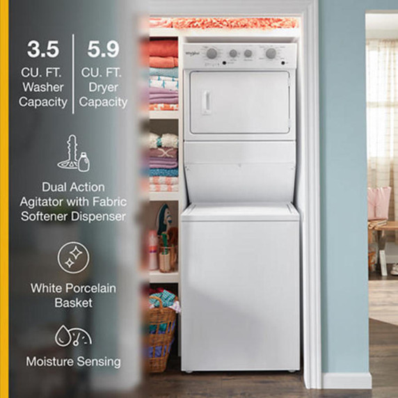 Whirlpool® 4.0 cu.ft I.E.C. Gas Stacked Laundry Center 9 Wash cycles and AutoDry™ WGT4027HW