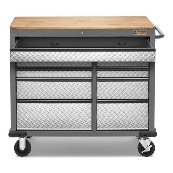 Gladiator® Premier 41 inch (104.1 cm) 9-drawer Mobile Tool Workbench with Solid Wood Top GAMT41HWJG