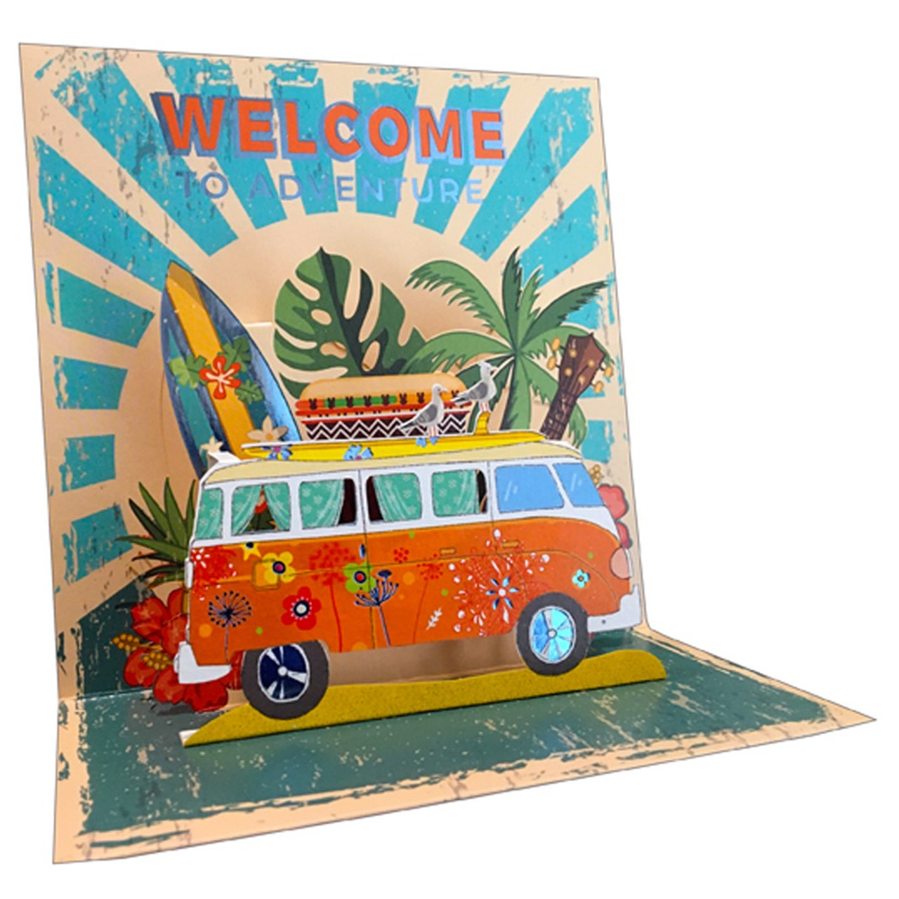 Welcome to Adventure : Orange VW Bus, Surfboard, Palm Tree, Guitar