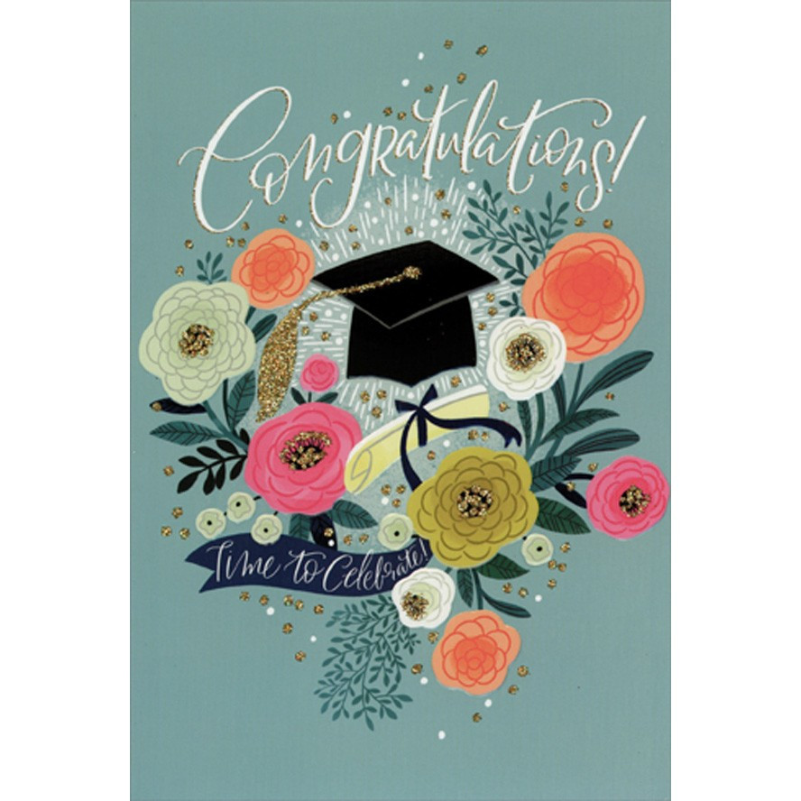 Cap and Degree Surrounded by Sparkling Flowers on Blue Feminine Graduation  Congratulations Card for Her | PaperCards.com