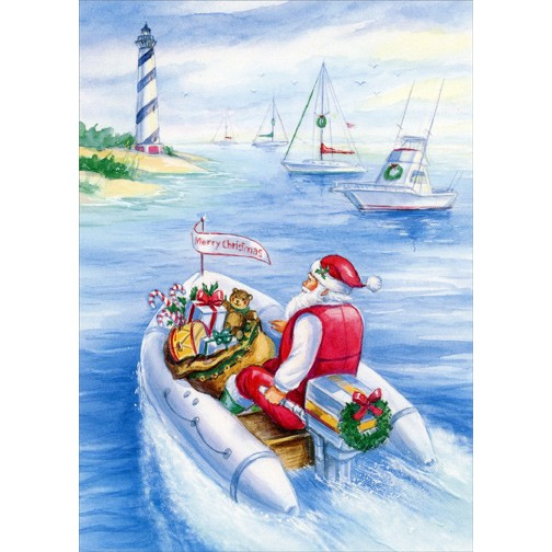 Santa Delivers Gifts on Speed Boat Nautical Christmas Card