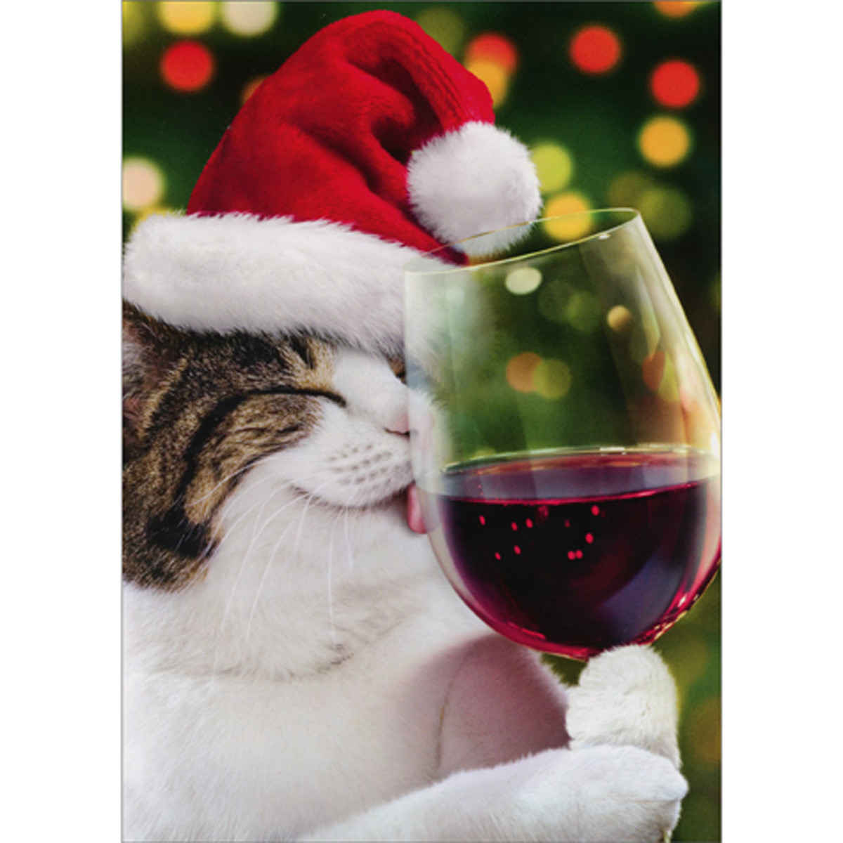 Santa Cat Licking Wine Glass Funny Humorous Christmas Card