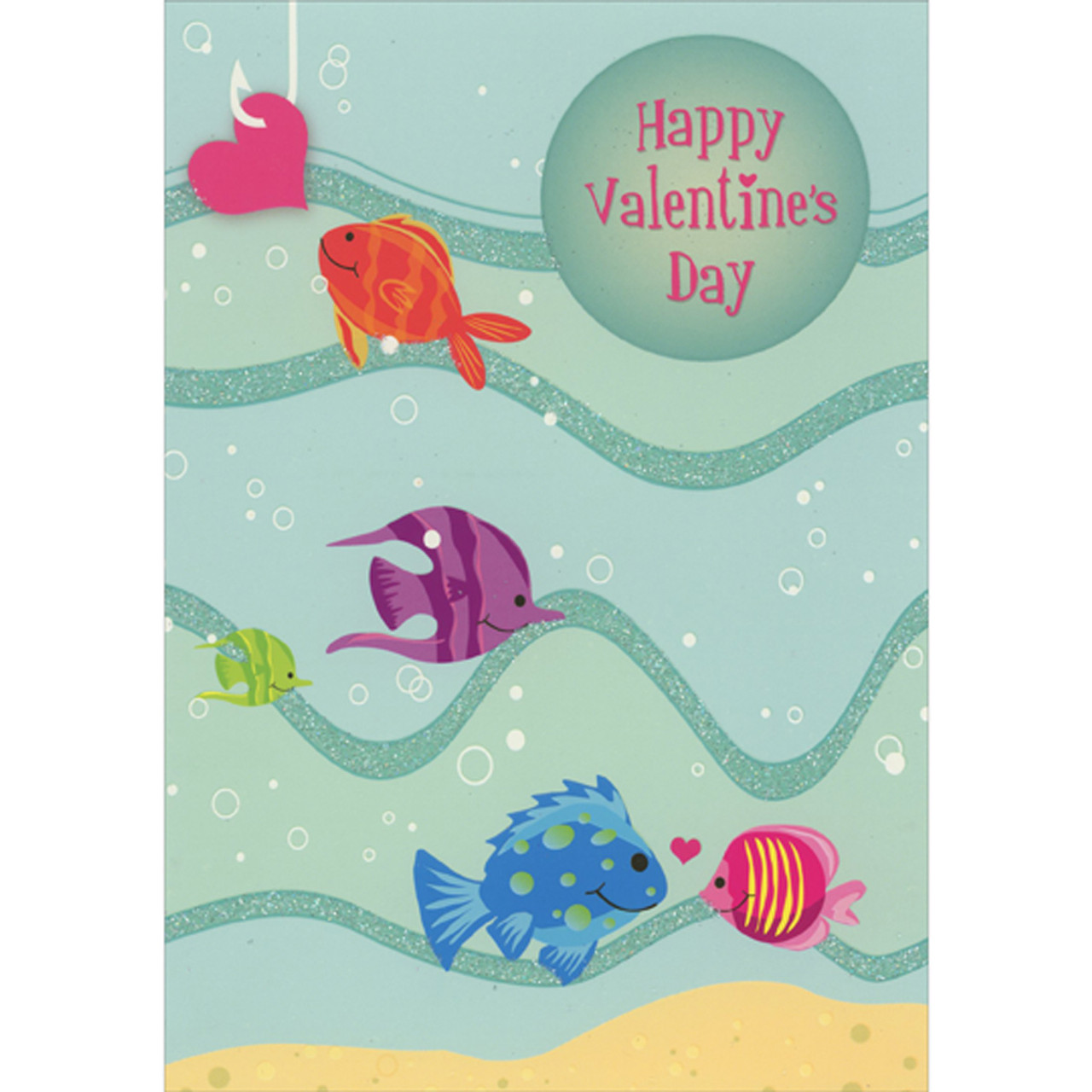 Five Colorful Fish, Pink Heart on Hook and Sparkling Blue Waves Juvenile  Valentine's Day Card for Kids