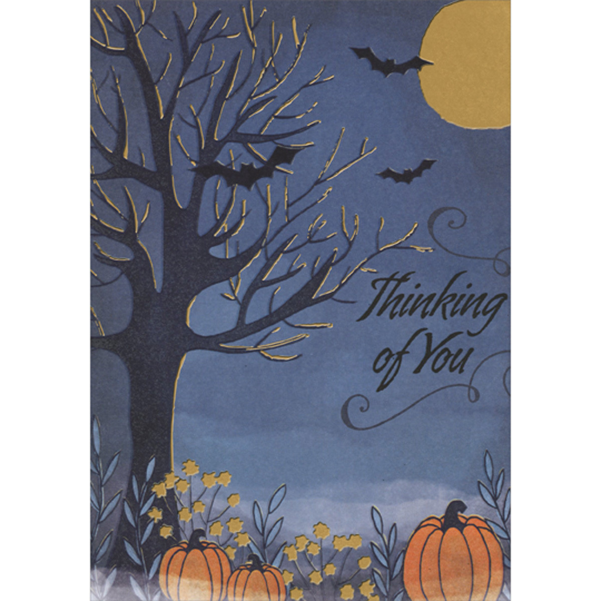 Tree Silhouette with Foil Accents, Gold Foil Moon and Pumpkins Thinking