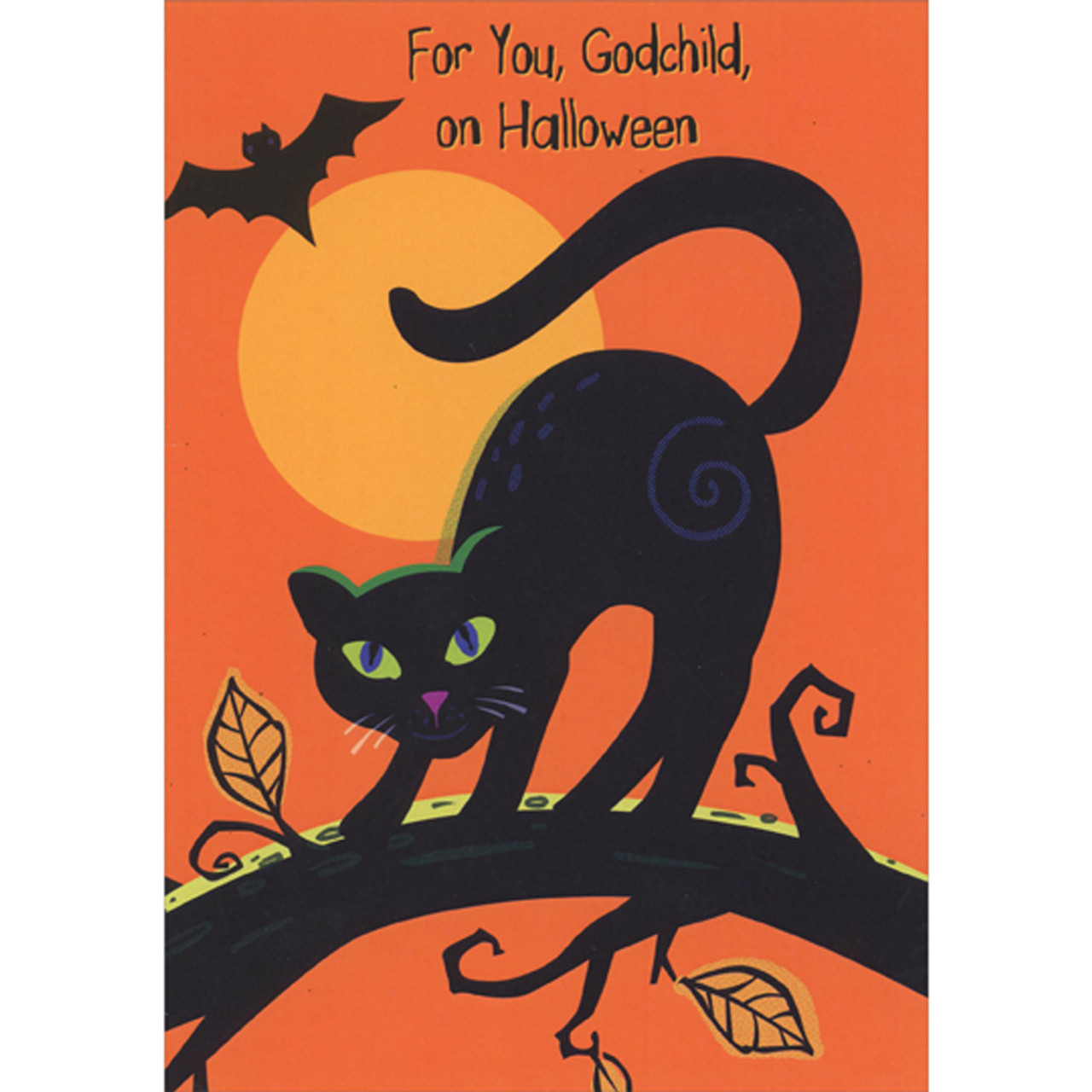 Black Cat with Arched Back on Tree Limb Against Orange Sky