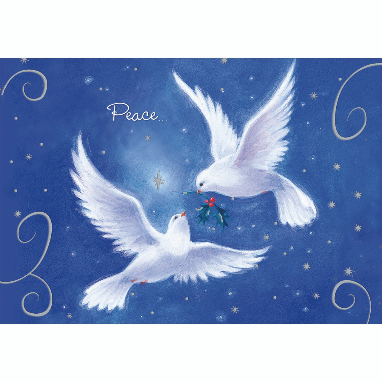 バタフライフェアリー　With Love at Christmas Two Doves in Flight and Silver Swirls on Blue Box of 15 Peace