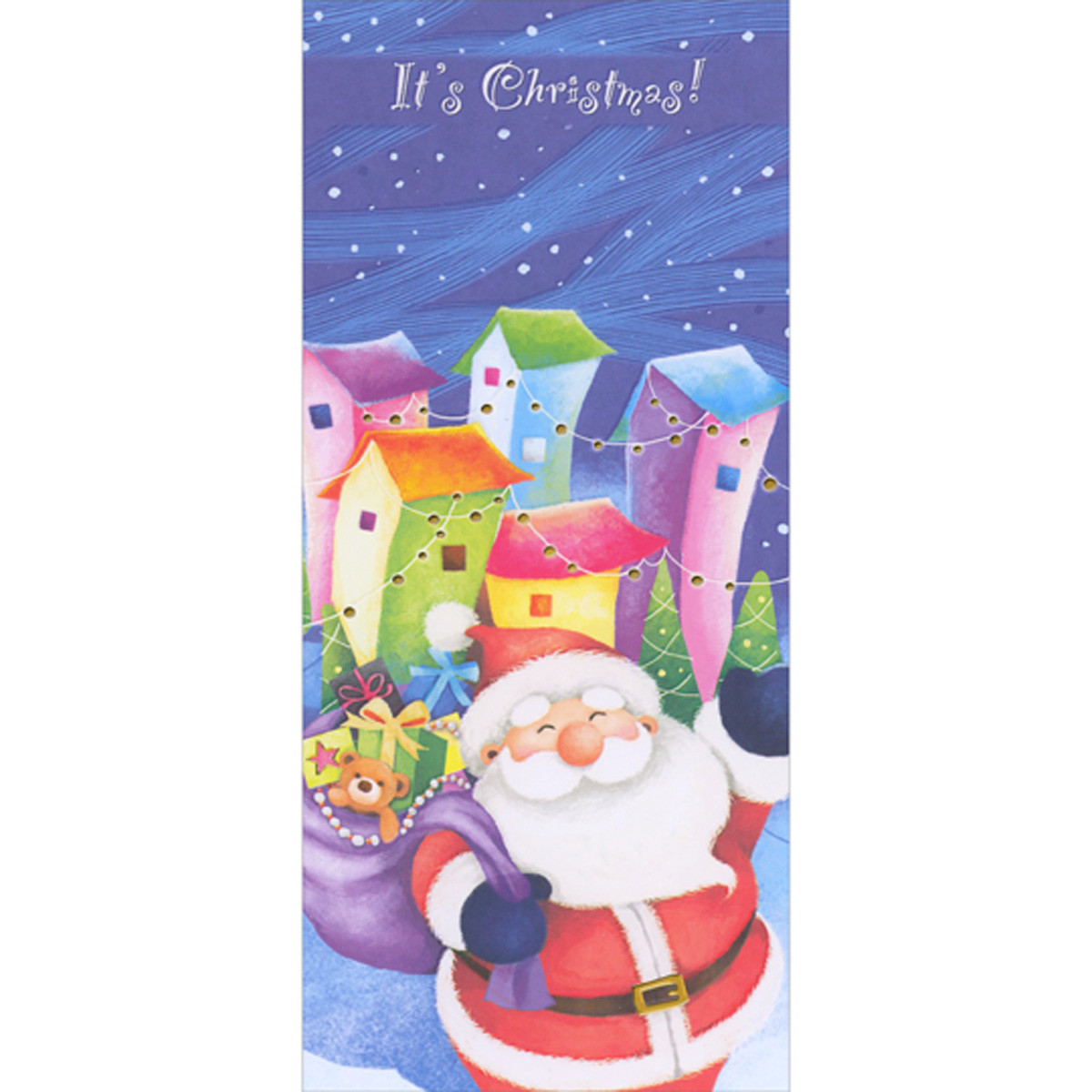 Santa Waving in Front of Tall Colorful Homes Money Holder / Gift Card Holder Christmas Card for Kids
