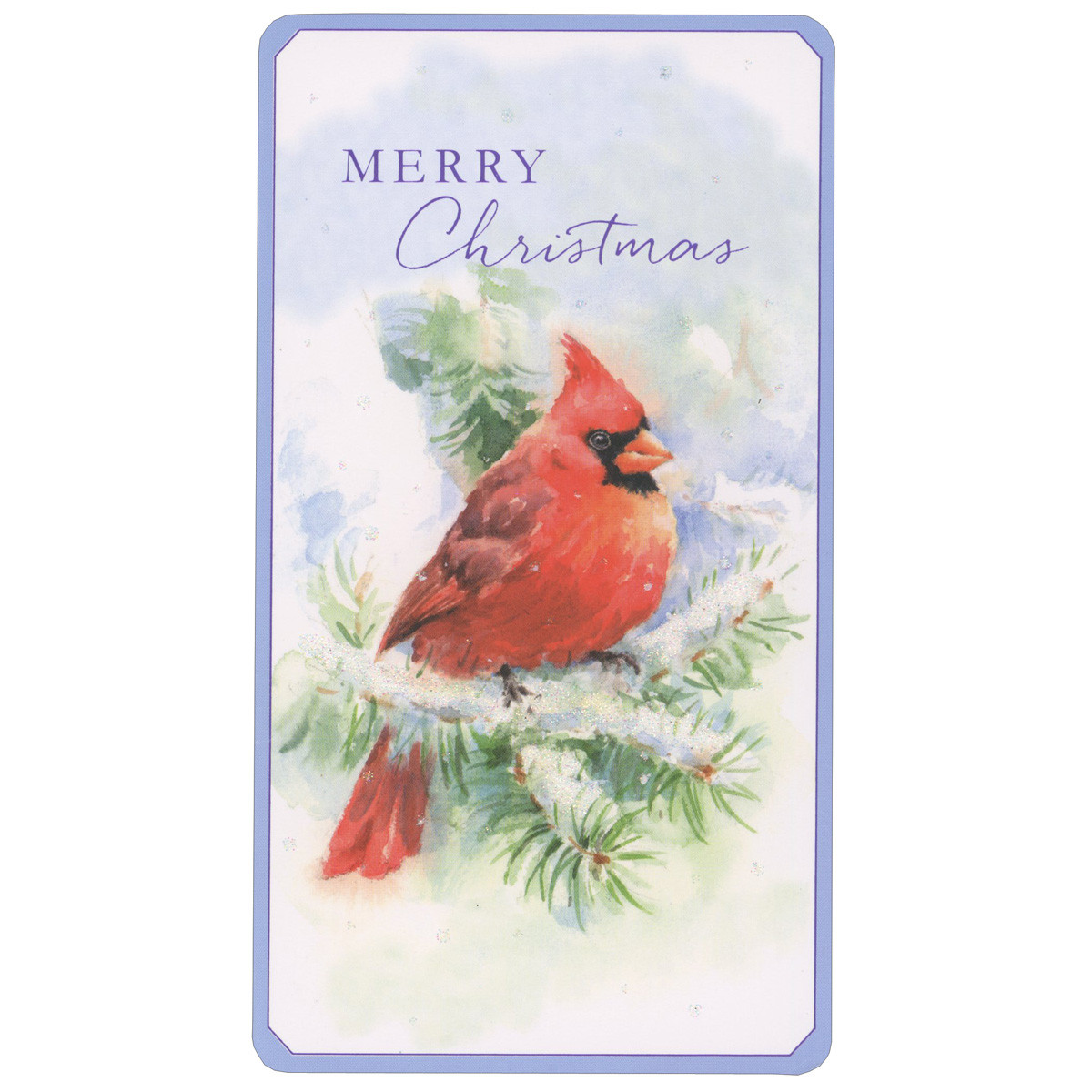 Watercolor Red Cardinal on Snowy Glitter Pine Branch Money Holder and Gift Card Holder Christmas Card