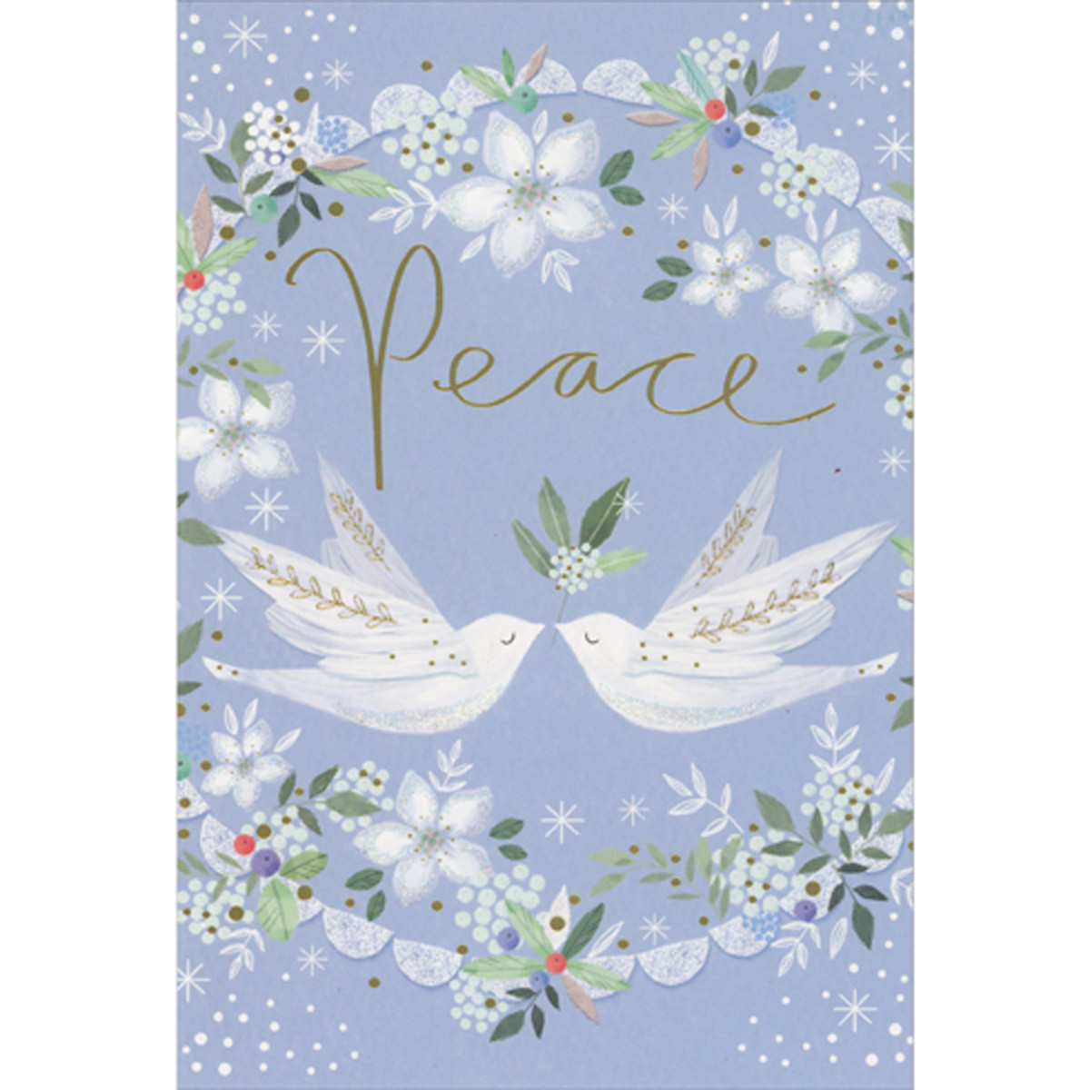 Peace: Two White Doves Sharing Branch and White Floral Circular Frame Religious Christmas Card