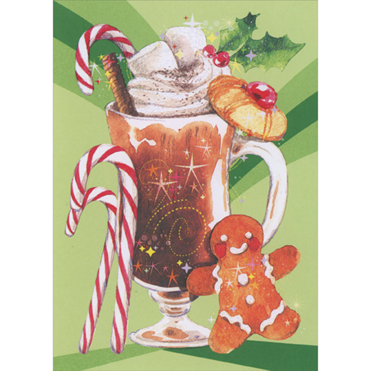 Hot Cocoa In Glass Mug with Candy Canes and Gingerbread Man Funny