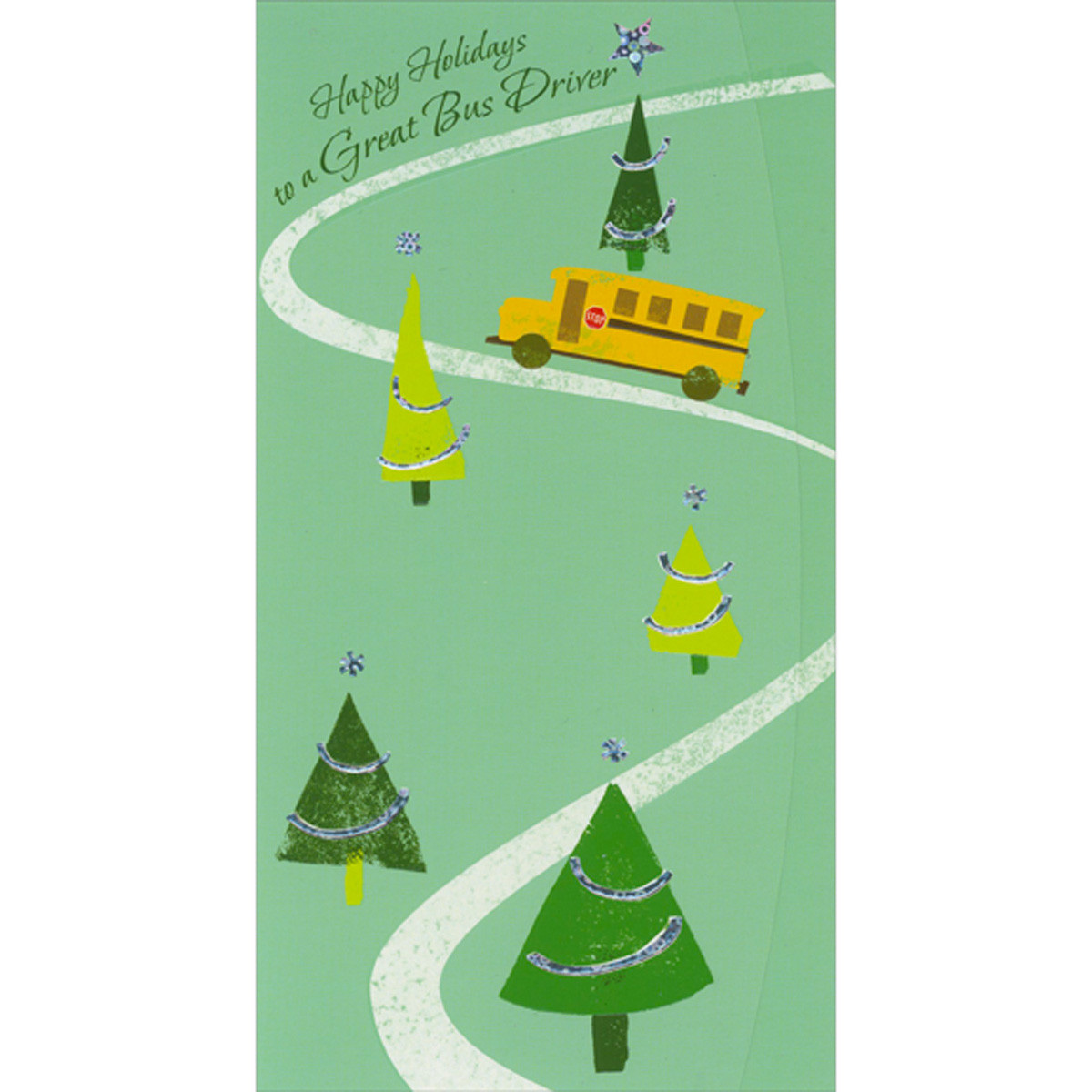 School Bus Driving on Road Between Trees on Light Green Christmas Card for Bus Driver | PaperCards.com school-bus-driving-on-road-between-trees-on-light-green-christmas-card-for-bus-driver-papercards-com