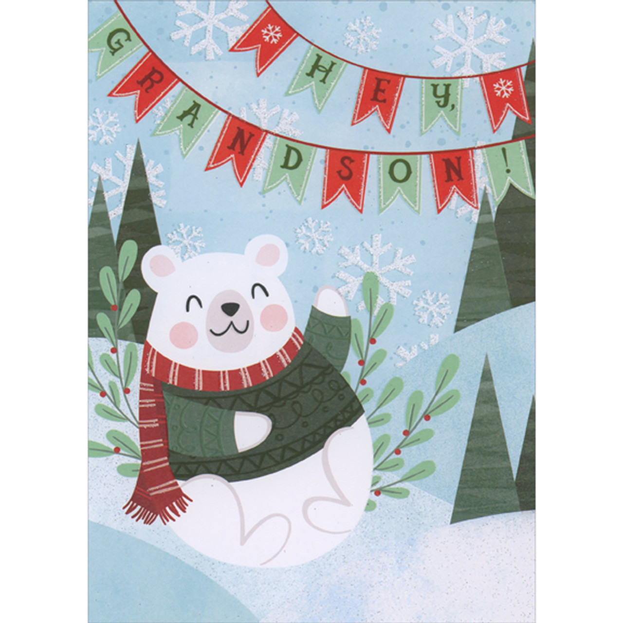 WHITE BEAR Candle in Green SWEATER w/ SNOWFLAKE