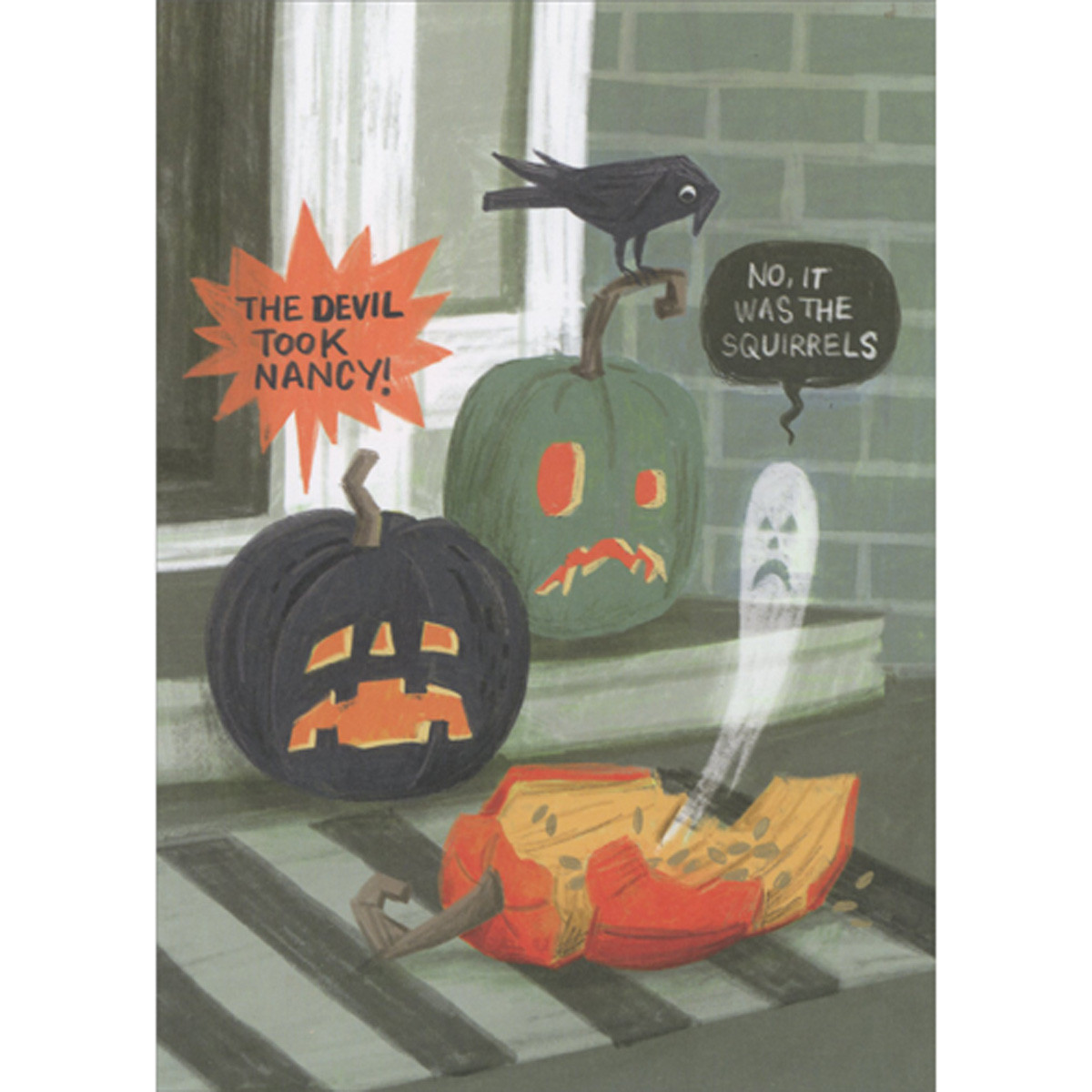Two Jack-O-Lanterns Staring at Smashed Pumpkin Funny Halloween