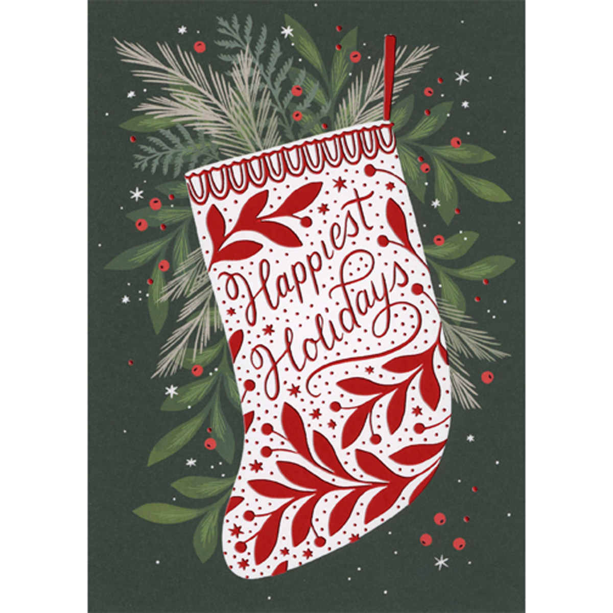 Happiest Holidays White Stocking with Red Foil Leaves Christmas Card
