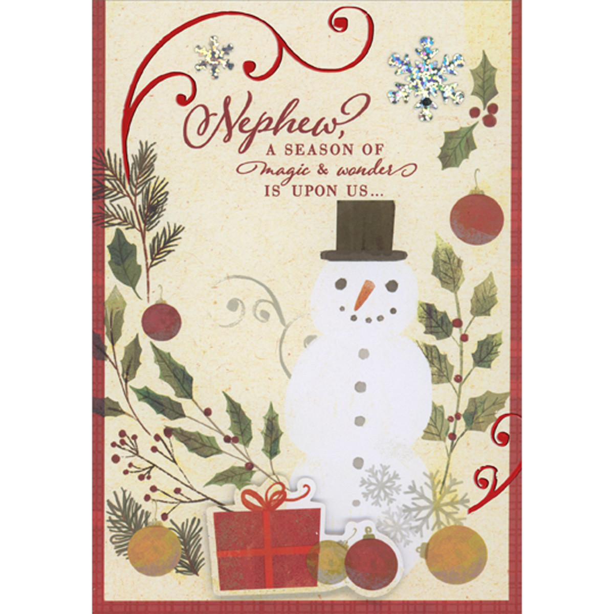 Season of Magic and Wonder: Die Cut 3D Gift, Snowman, Holographic Foil Snowflakes Hand Decorated Christmas Card for Nephew | PaperCards.com Season of Magic and Wonder: Die Cut 3D Gift, Snowman, Holographic Foil Snowflakes Hand Decorated Christmas Card for Nephew | PaperCards.com