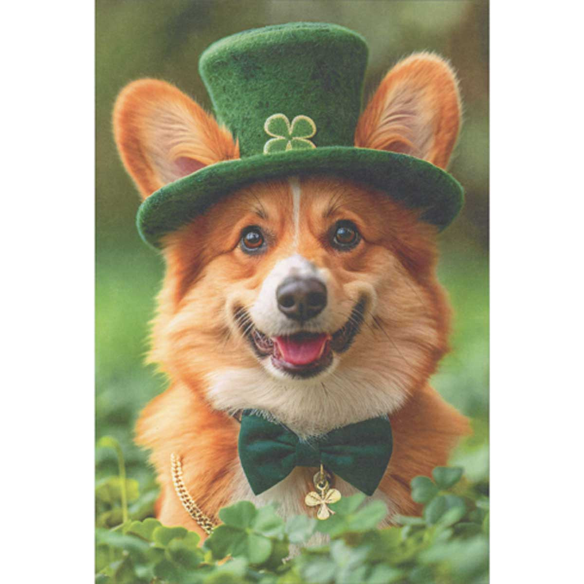 Corgi Dog Wearing Green Hat and Tie in Field of Shamrocks