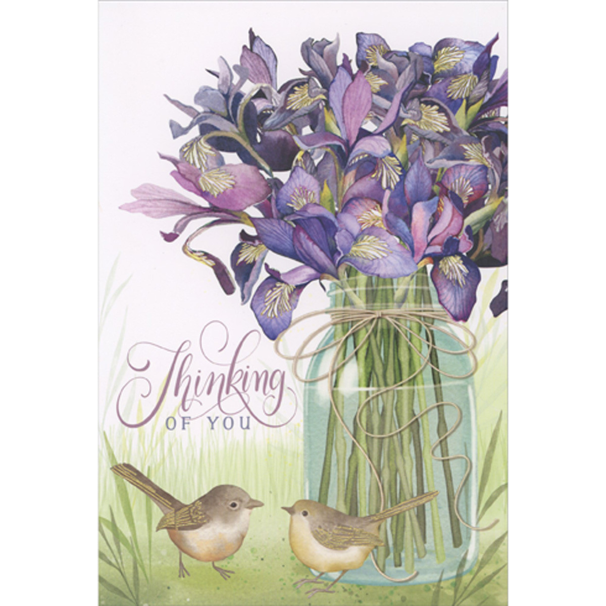 Two Little Birds, Purple Flowers and Glass Vase Thinking of You Card ...