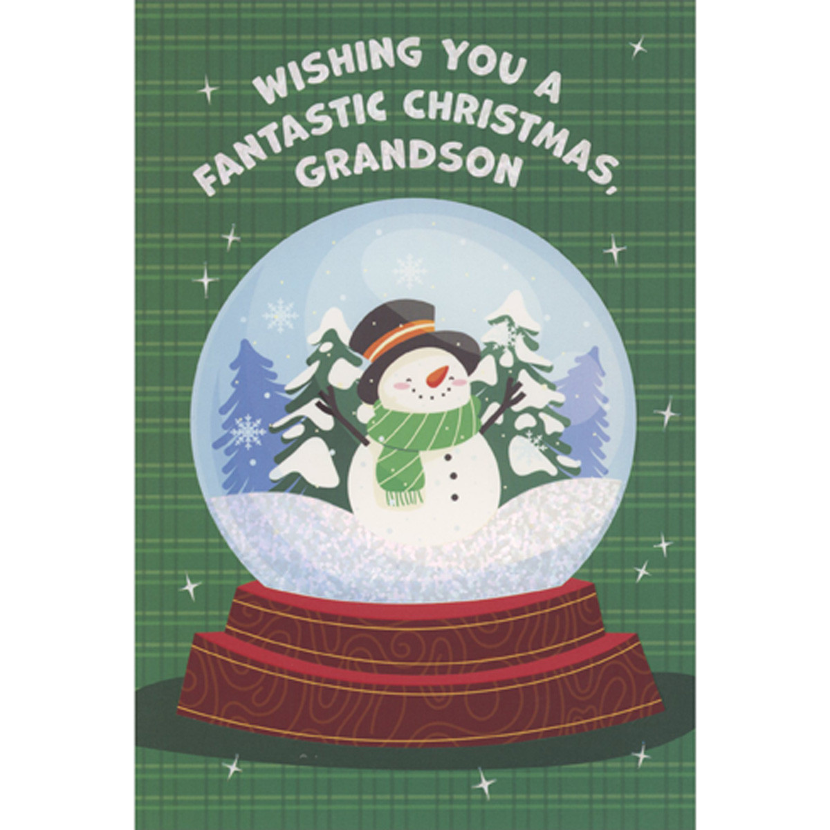 Pictura Snowglobe with Smiling Snowman, Trees and Holographic Foil Snow Christmas Card for Grandson