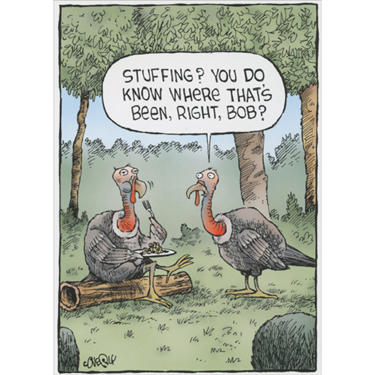 cd26526 19547.1756491194 turkey sitting on log eating stuffing funny thanksgiving card