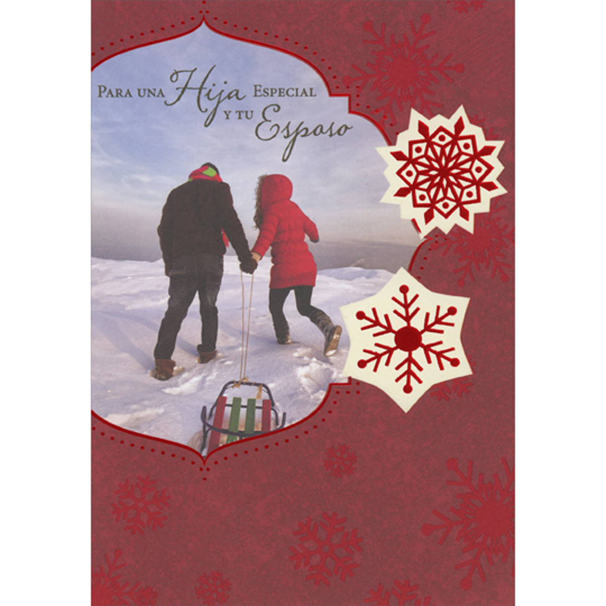 Winter Weather Couple Pulling Sled on Snowy Hill Spanish Language ...