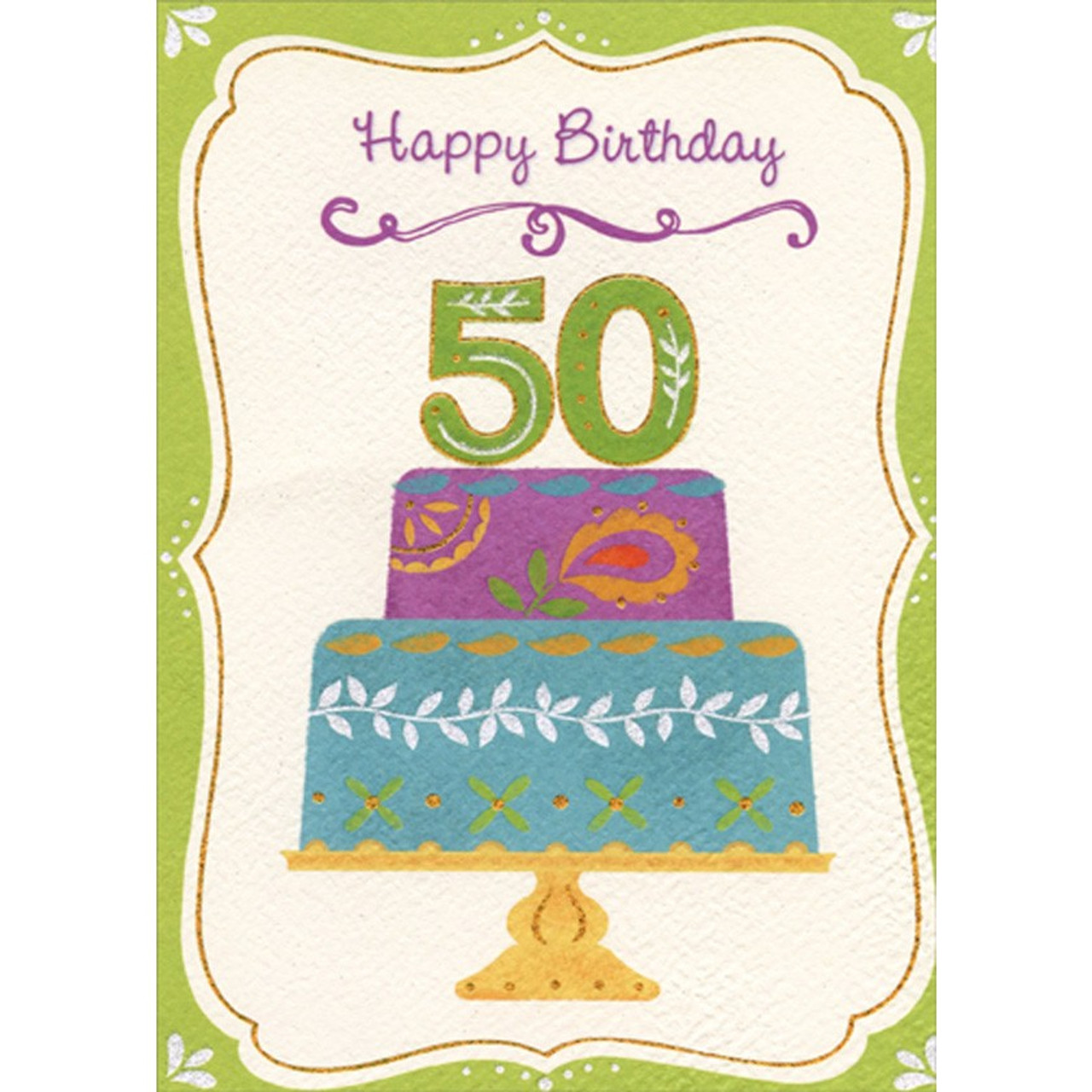 Purple and Blue Cake with Green Border Age 50 / 50th Birthday Card ...