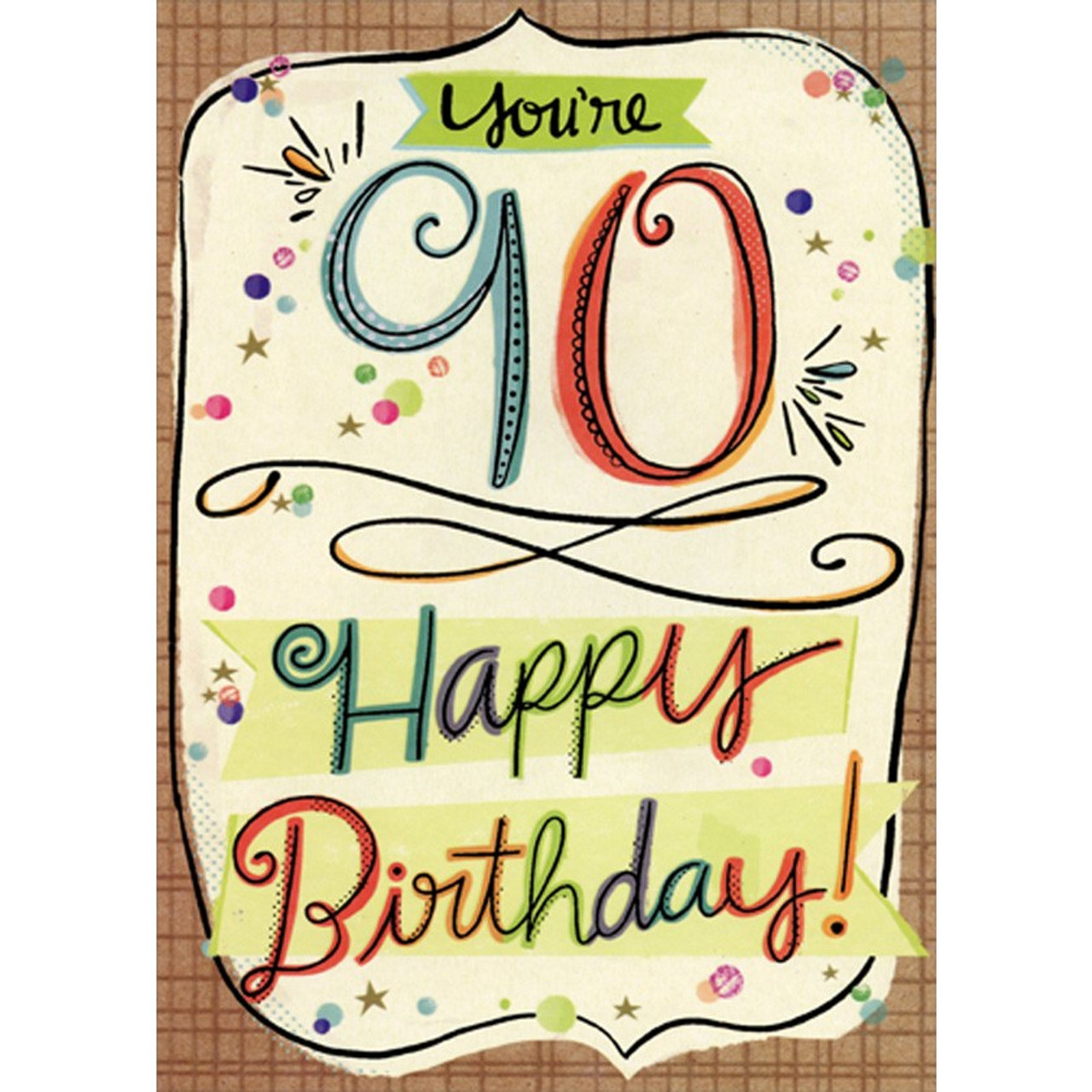 Colorful Letters with Brown Crosshatch Frame Age 90 / 90th Birthday Card | PaperCards.com colorful-letters-with-brown-crosshatch-frame-age-90-90th-birthday-card-papercards-com