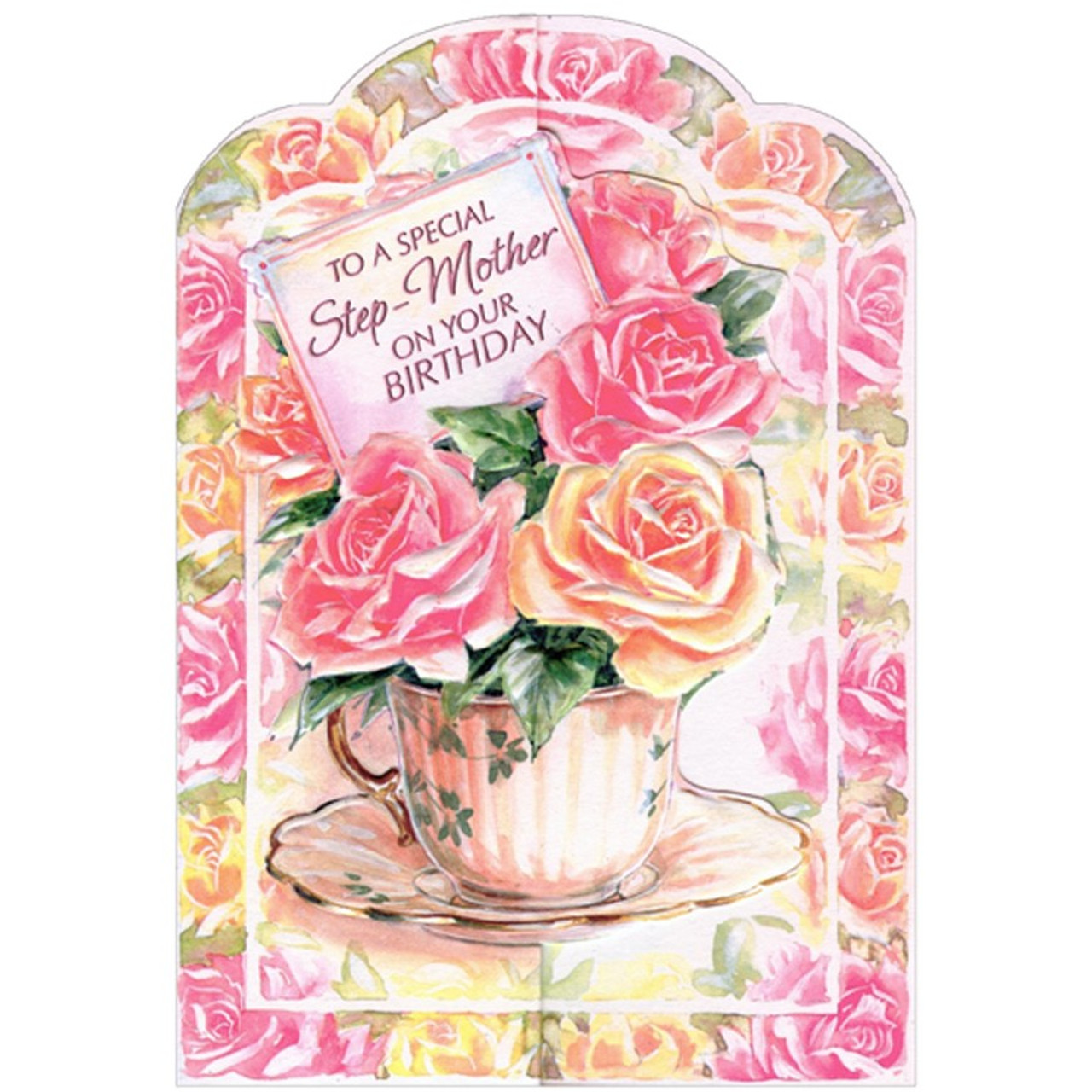 Tea Cup with Floating Pink Rose Petal Surround By Pink Roses Mother's Day  Card for Mom