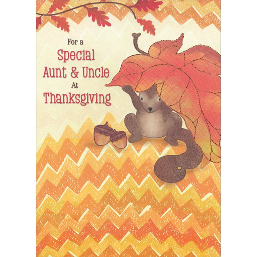 Squirrel Holding Large Red Leaf Over Head Juvenile Thanksgiving Card for  Aunt and Uncle | PaperCards.com