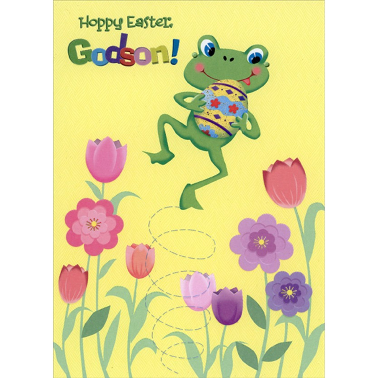 Frog Leaping Over Purple and Pink Flowers : Holding Shimmering Egg Juvenile  Easter Card for Young Godson