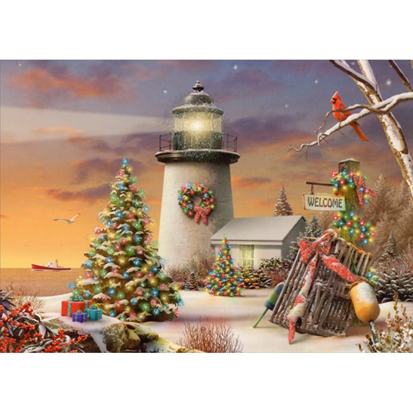 Winter Lighthouse, Decorated Evergreen Trees and Cardinal Box of