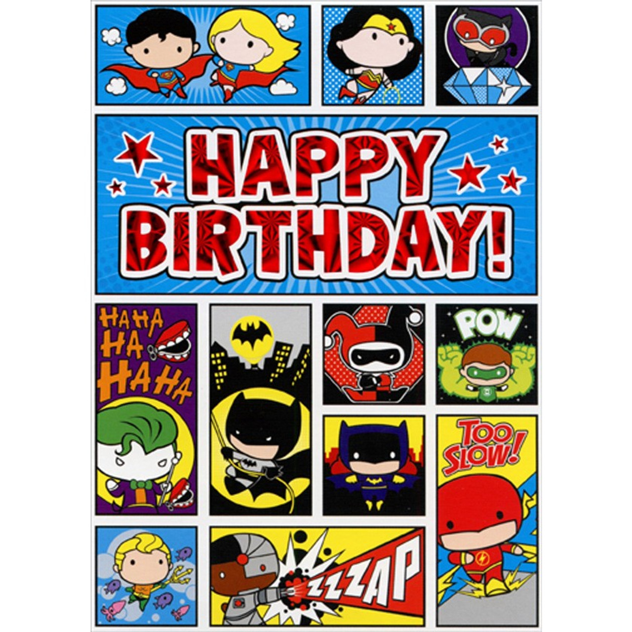 Chibi Superheroes in Panels Juvenile Birthday Card for Kids : Children