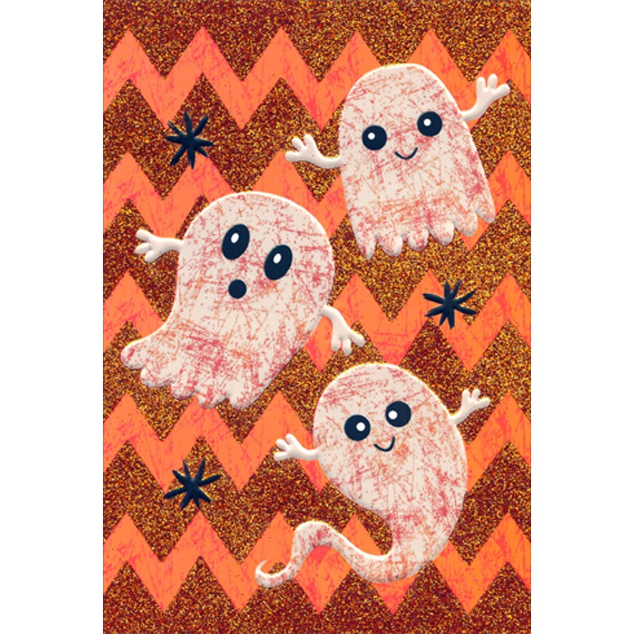 Trio Of Cute Ghosts on Sparkling Orange Zig Zag Patterns Halloween