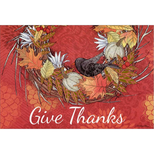 Black Bird on Autumn Wreath on Deep Red Thanksgiving Card: Give Thanks