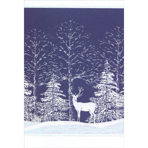 White Deer and Trees : Dark Blue Sky Christmas Card