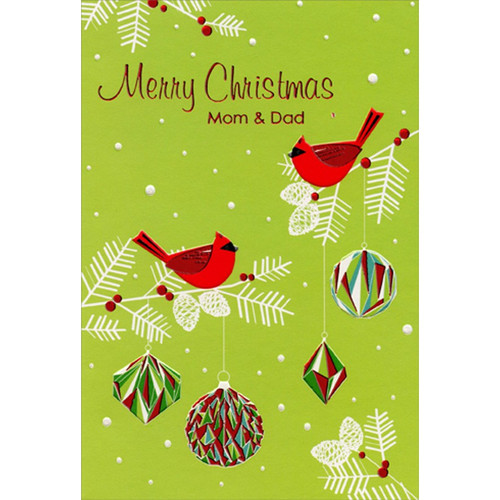 Red Cardinals on White Branches : Foil Ornaments Mom and Dad Christmas Card: Merry Christmas Mom & Dad