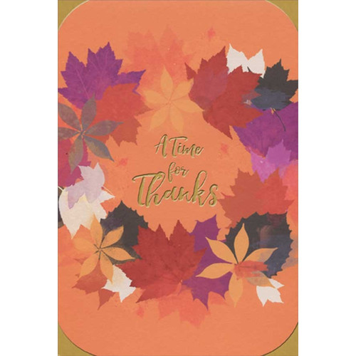Wreath of Colorful Autumn Leaves on Orange Thanksgiving Card: A Time for Thanks