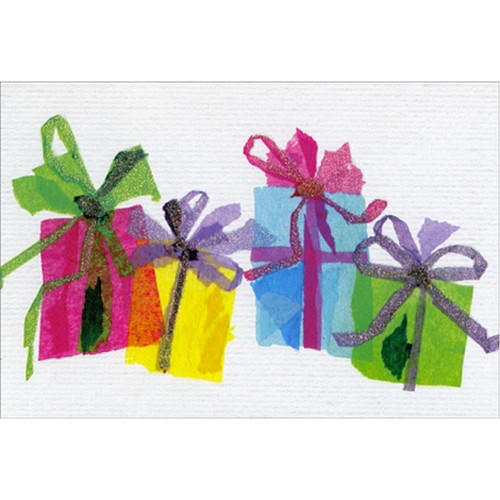 Pink, Yellow, Blue and Green Gift Boxes with Sparkling Bows Christmas Card