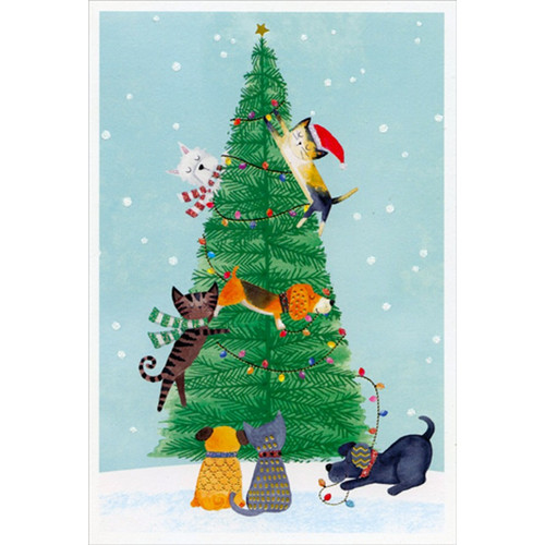 Kittens and Puppies Decorating Tree with Lights Christmas Card