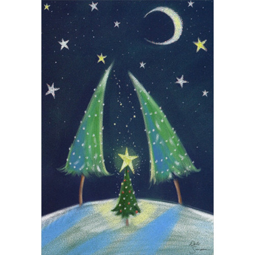 Two Trees Bending : Small Tree with Gold Star Christmas Card