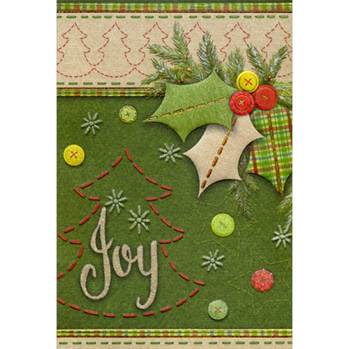 Green Burlap, Holly Leaves : Red, Green, Yellow Buttons Christmas Card: Joy