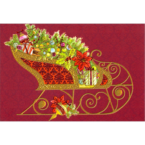 Gold and Red Foil Sleigh on Deep Red Christmas Card