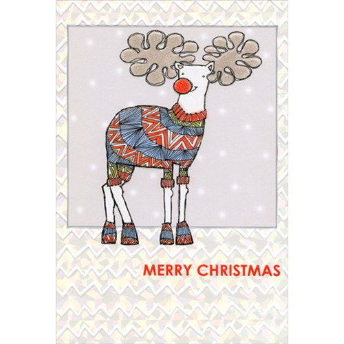 Reindeer Wearing Colorful Zig Zag Patterned Sweater Christmas Card: Merry Christmas