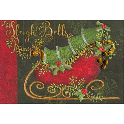Sleigh Bells Ring : Red Sled and Evergreen Tree Christmas Card: Sleigh Bells Ring