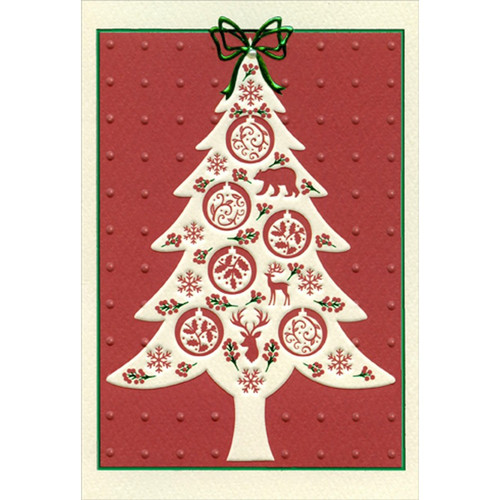 White Tree with Green Bow and Red Patterns Christmas Card