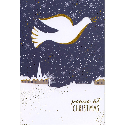 Dove with Sparkling Gold Border in Dark Blue Sky Christmas Card: peace at Christmas