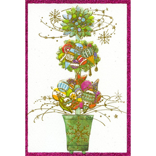 Topiary with Colorful Ornaments : Sparkling Purple Frame Christmas Card